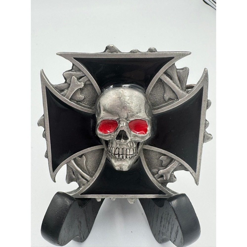 Bergamot 2005 Skull Red Eyes Iron Cross‎ Pewter Belt Buckle C-261 Made in USA